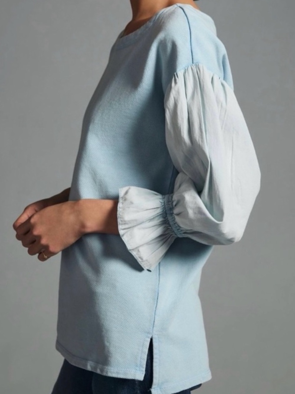 Pilcro Anthropologie Mixed Media Puff Sleeve Sweatshirt in Light Blue Sz Medium - Picture 2 of 9